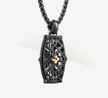 Load image into Gallery viewer, Cross Fire Tag / Sterling Silver<br>Black Patina & White Pavé Diamonds / 14K Gold Crown Accent