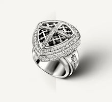 Load image into Gallery viewer, REGAL Cross & Shield Signet Ring<br>in Sterling Silver<br>Black Onyx / Pavé-Set Diamonds