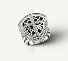 Load image into Gallery viewer, REGAL Cross & Shield Signet Ring<br>in Sterling Silver<br>Black Onyx / Pavé-Set Diamonds