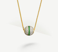 Load image into Gallery viewer, Radiant Gold Sphere Necklace<br>w/White Pavé Diamonds<br>& Emerald Accent