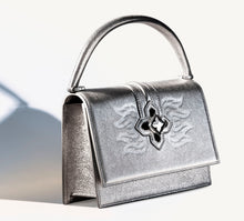 Load image into Gallery viewer, Small Metallic Platinum Flame Purse<br>w/Black Diamonds & STQ Crown