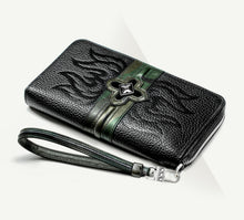 Load image into Gallery viewer, Flame Stamped Black Wallet<br>w/Camo Leather & Box-Crown Accent