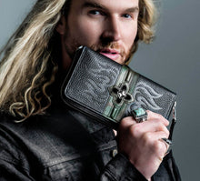 Load image into Gallery viewer, Flame Stamped Black Wallet<br>w/Camo Leather & Box-Crown Accent