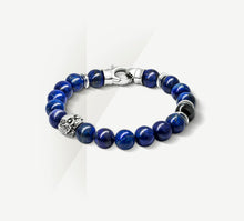 Load image into Gallery viewer, 10mm Lapis Bead Bracelet<br>w/Sterling Silver / Skull