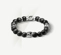 10mm Black Onyx Bead Bracelet<br>w/Sterling Silver Skulls