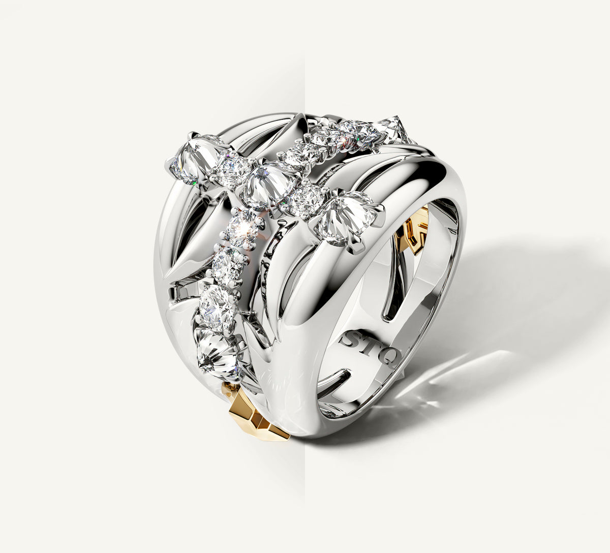 Crossfire Ring in Sterling Silver & 14K Yellow Gold Accents<br>w/Pavé Diamond Cross