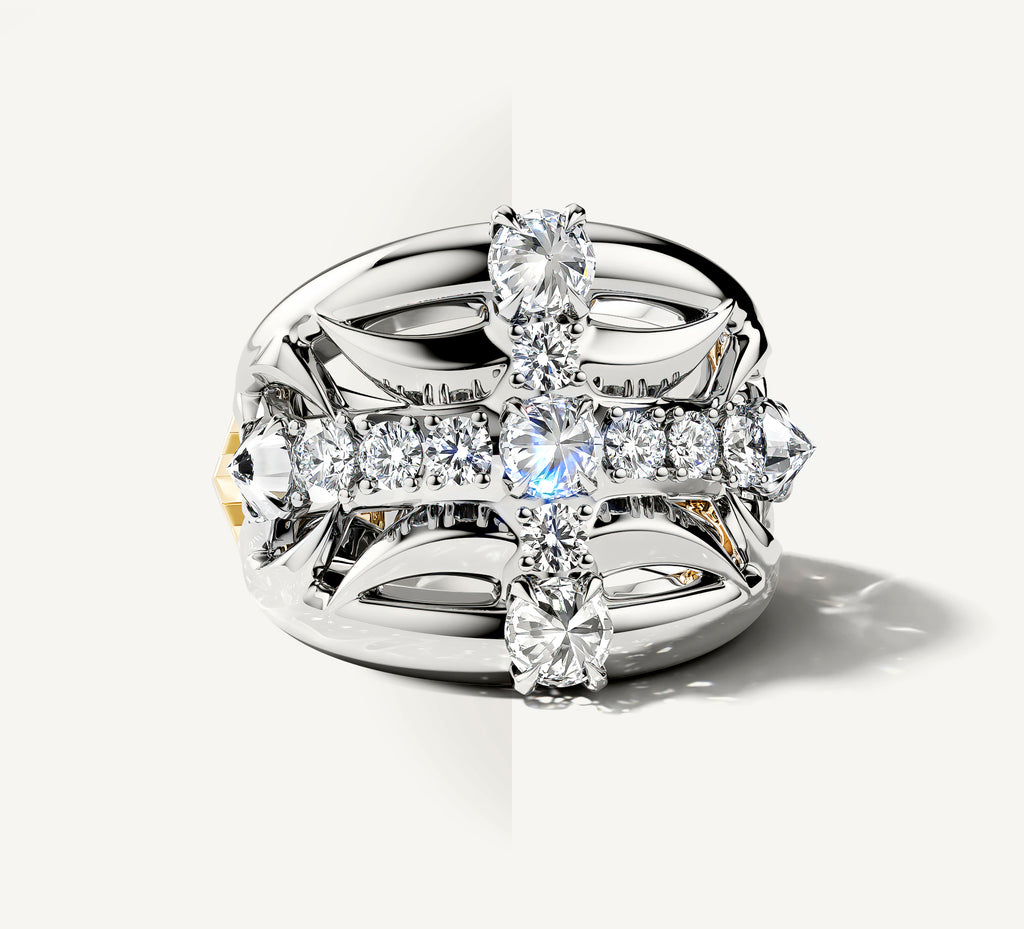 Crossfire Ring in Sterling Silver & 14K Yellow Gold Accents<br>w/Pavé Diamond Cross
