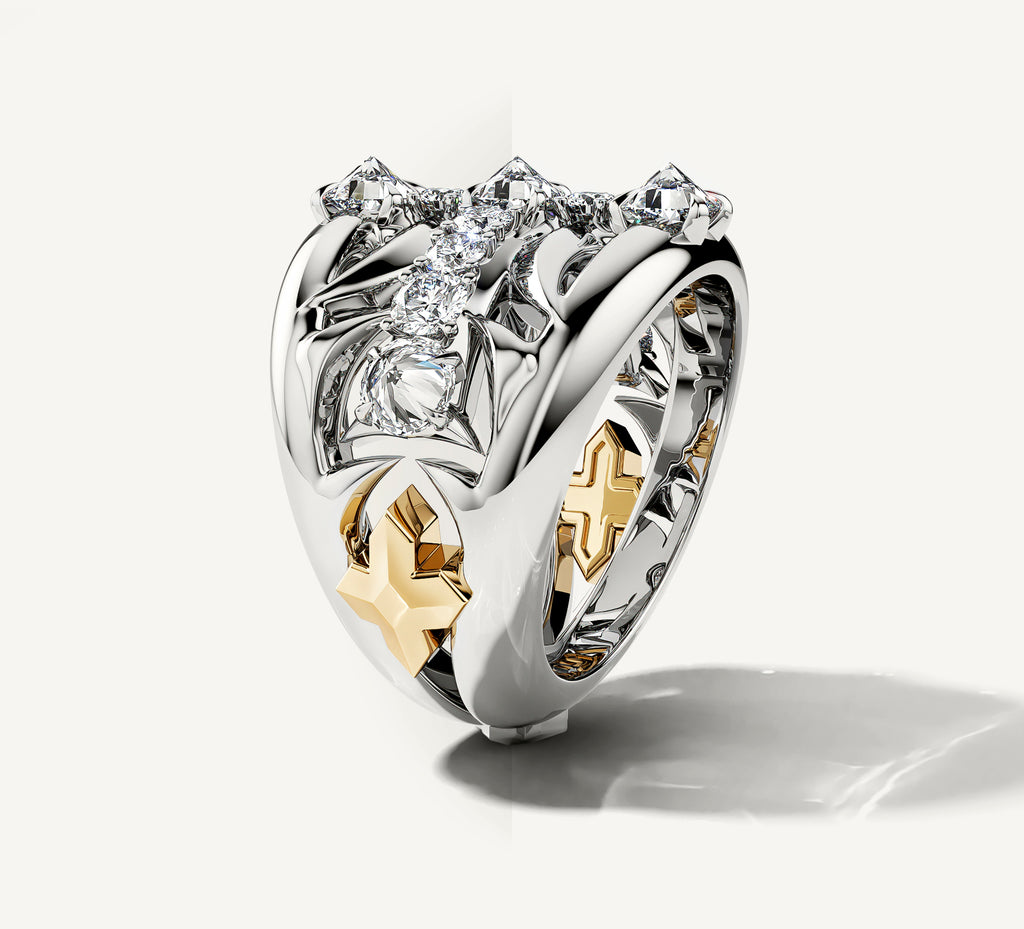 Crossfire Ring in Sterling Silver & 14K Yellow Gold Accents<br>w/Pavé Diamond Cross
