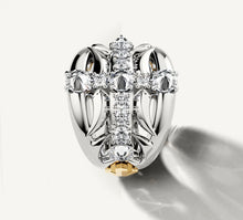 Load image into Gallery viewer, Crossfire Ring in Sterling Silver<br>&amp; 14K Yellow Gold Accents<br>w/Diamond Cross
