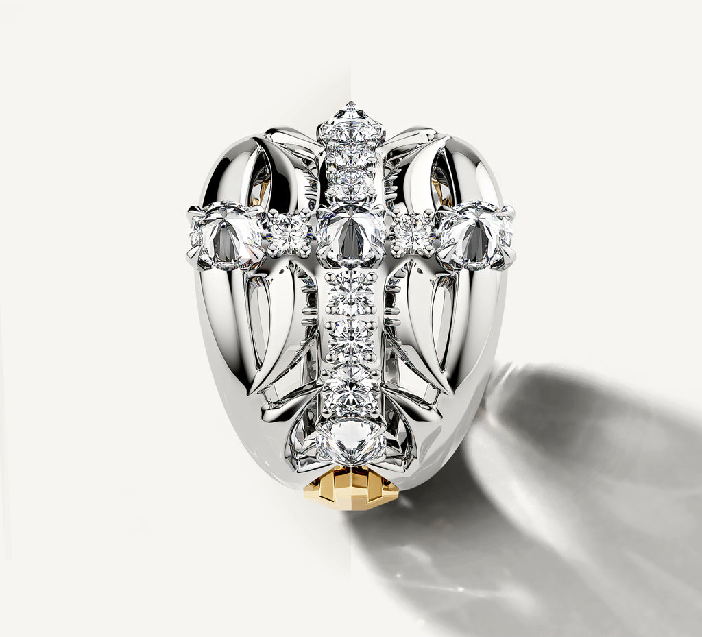Crossfire Ring in Sterling Silver & 14K Yellow Gold Accents<br>w/Pavé Diamond Cross