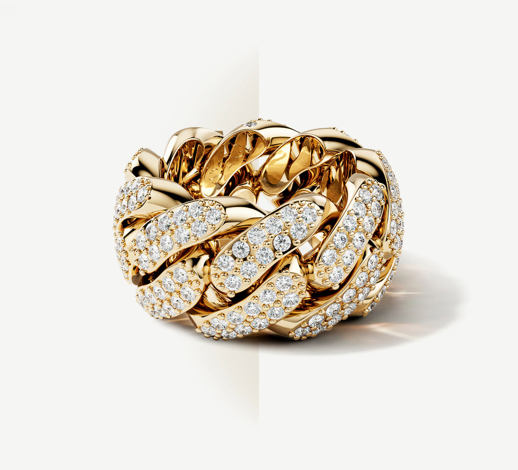14K Gold Cuban Link Band<br>w/White Pavé Diamonds