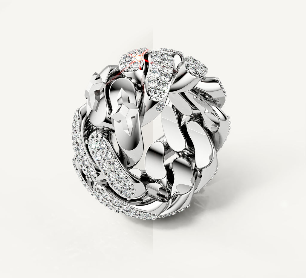 Sterling Silver Cuban Link Band<br>w/Pavé White Diamonds