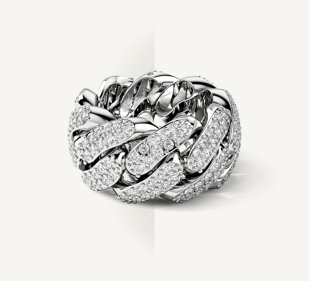 Sterling Silver Cuban Link Band<br>w/Pavé White Diamonds