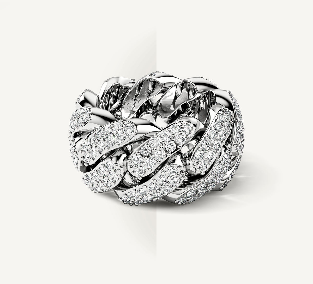 Sterling Silver Cuban Link Band<br>w/Pavé White Diamonds