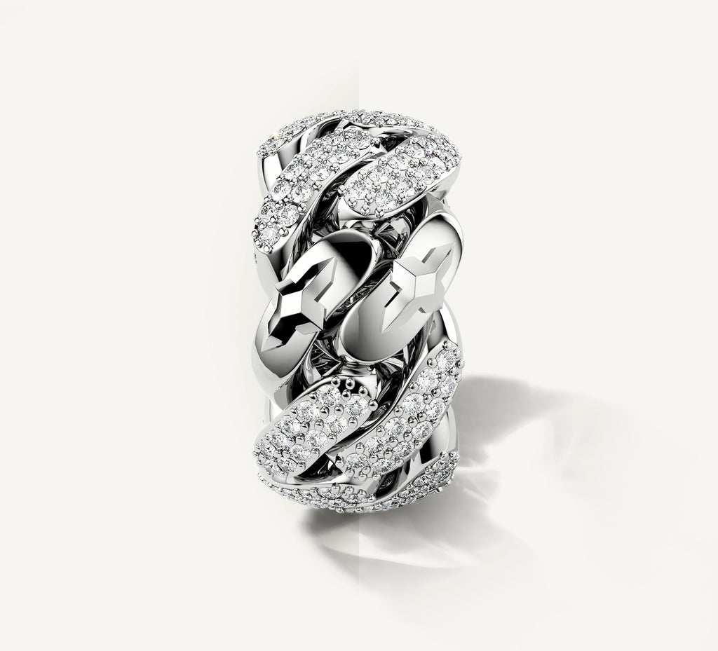 Sterling Silver Cuban Link Band<br>w/Pavé White Diamonds
