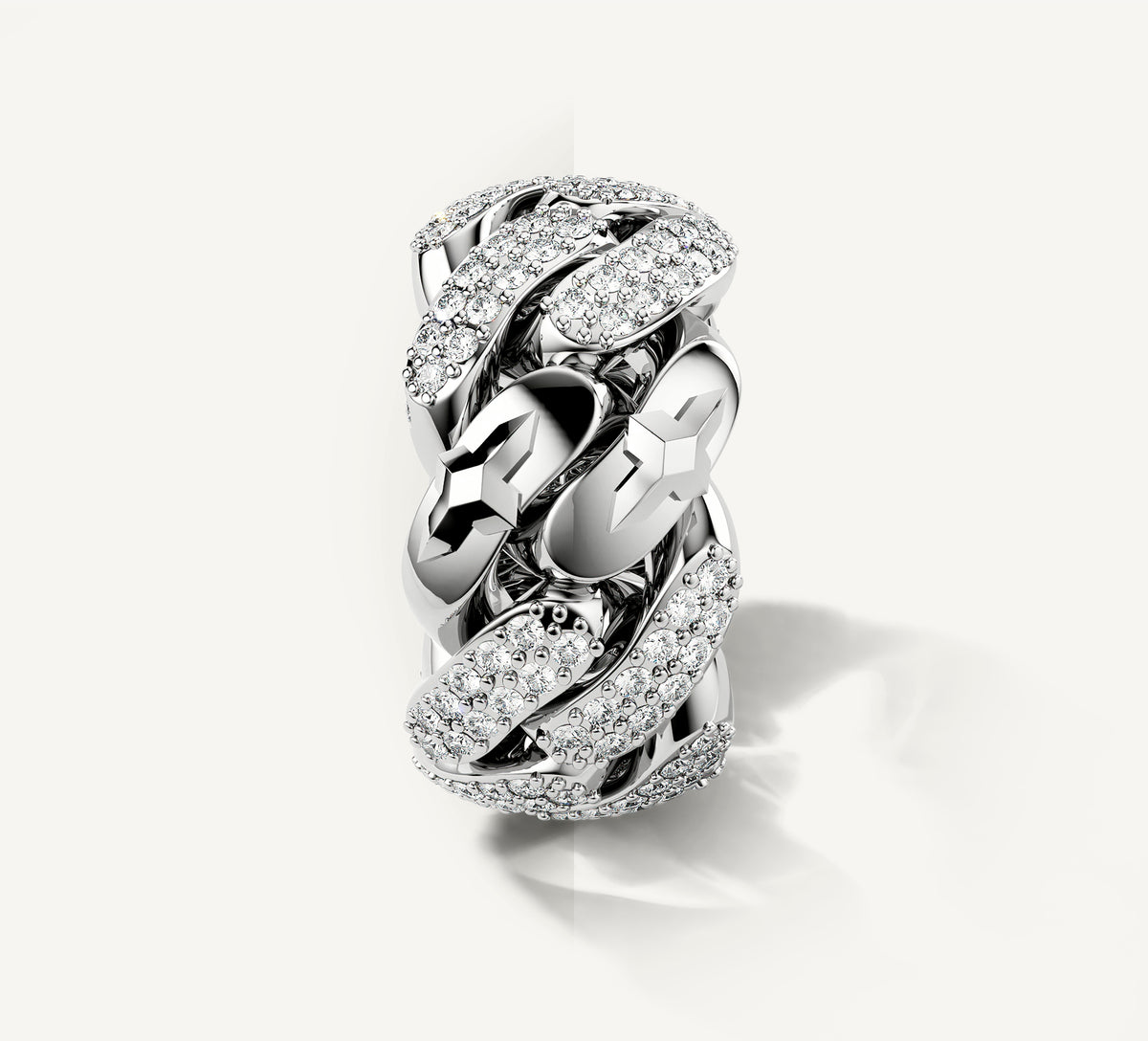 Sterling Silver Cuban Link Band<br>w/Pavé White Diamonds