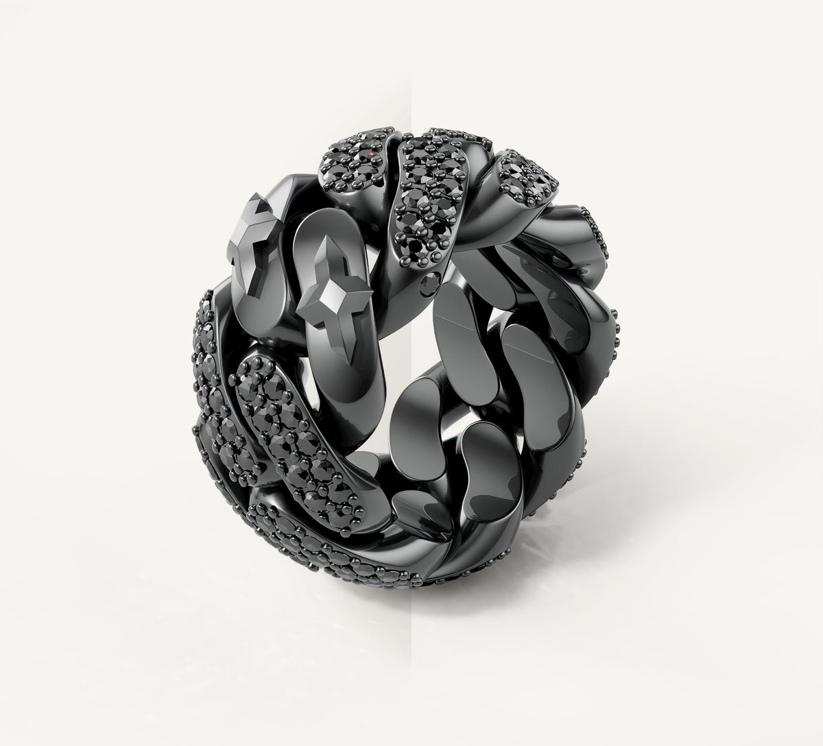 Sterling Silver Cuban Link Band<br>w/Black Patina & Black Pavé Diamonds
