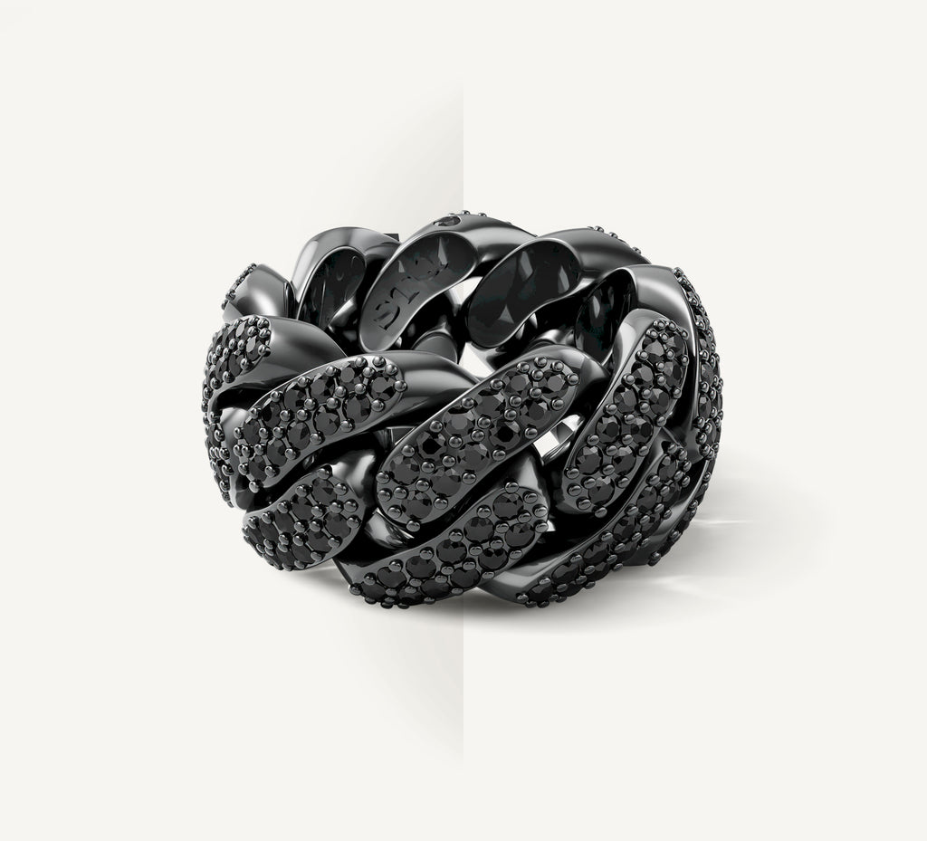 Sterling Silver Cuban Link Band<br>w/Black Patina & Black Pavé Diamonds