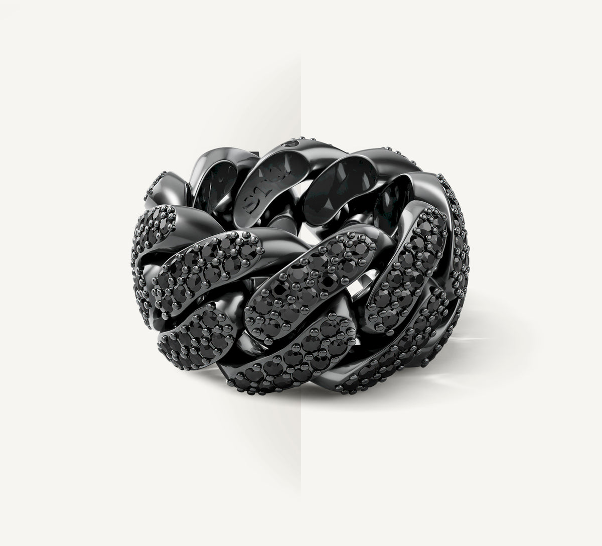 Sterling Silver Cuban Link Band<br>w/Black Patina & Black Pavé Diamonds