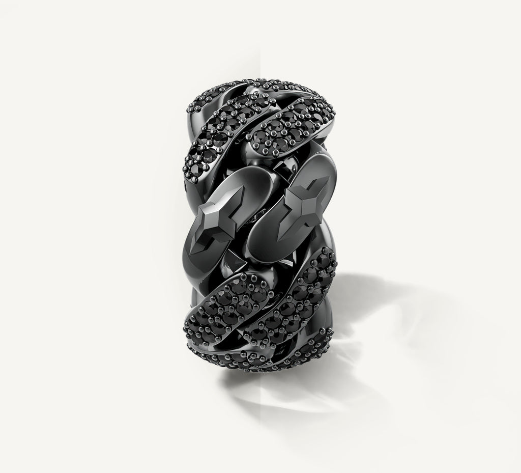 Sterling Silver Cuban Link Band<br>w/Black Patina & Black Pavé Diamonds