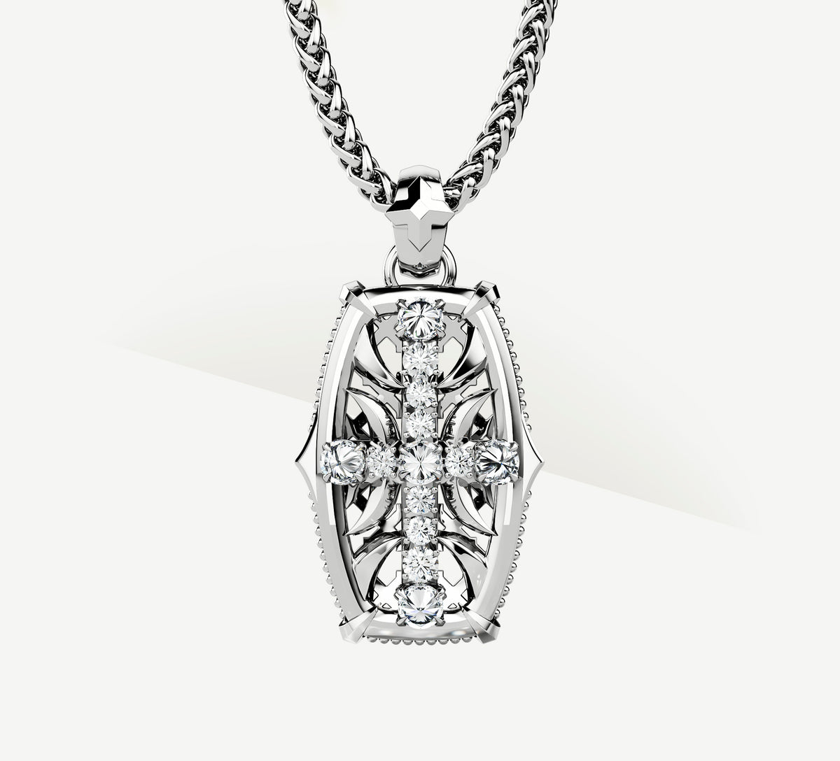 Cross Fire Tag / Sterling Silver<br>w/White Pavé Diamonds / 14K Gold Crown Accent