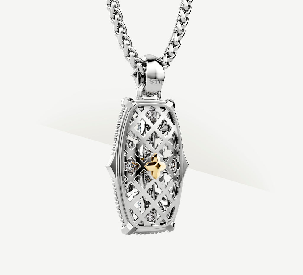 Cross Fire Tag / Sterling Silver<br>w/White Pavé Diamonds / 14K Gold Crown Accent
