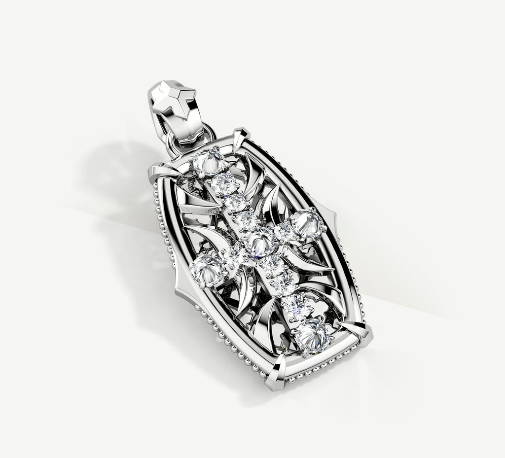 Cross Fire Tag / Sterling Silver<br>w/White Pavé Diamonds / 14K Gold Crown Accent