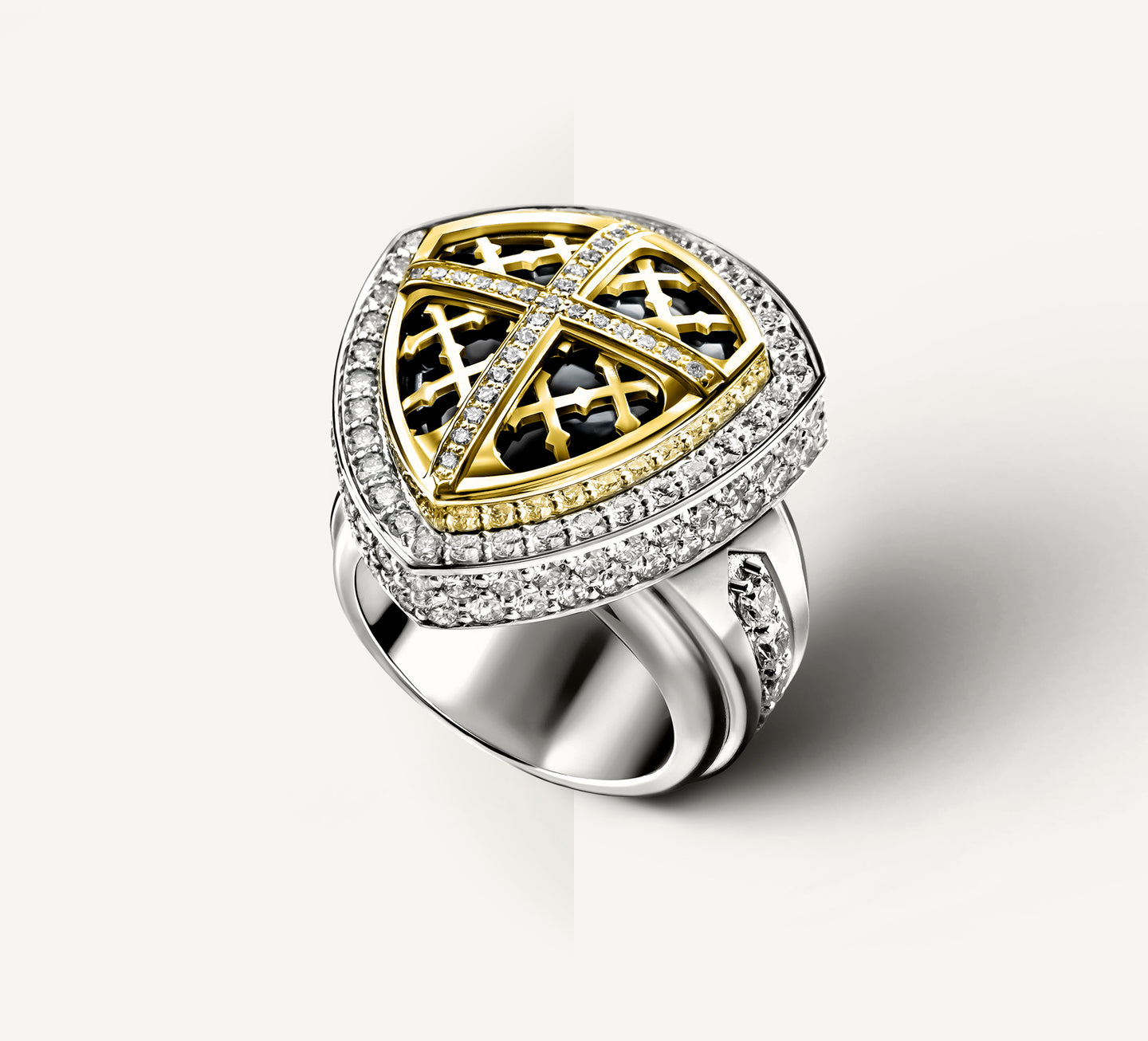 REGAL Signet Ring<br>w/18K Gold Cross & Shield<br>Black Onyx / Pavé-Set Diamonds