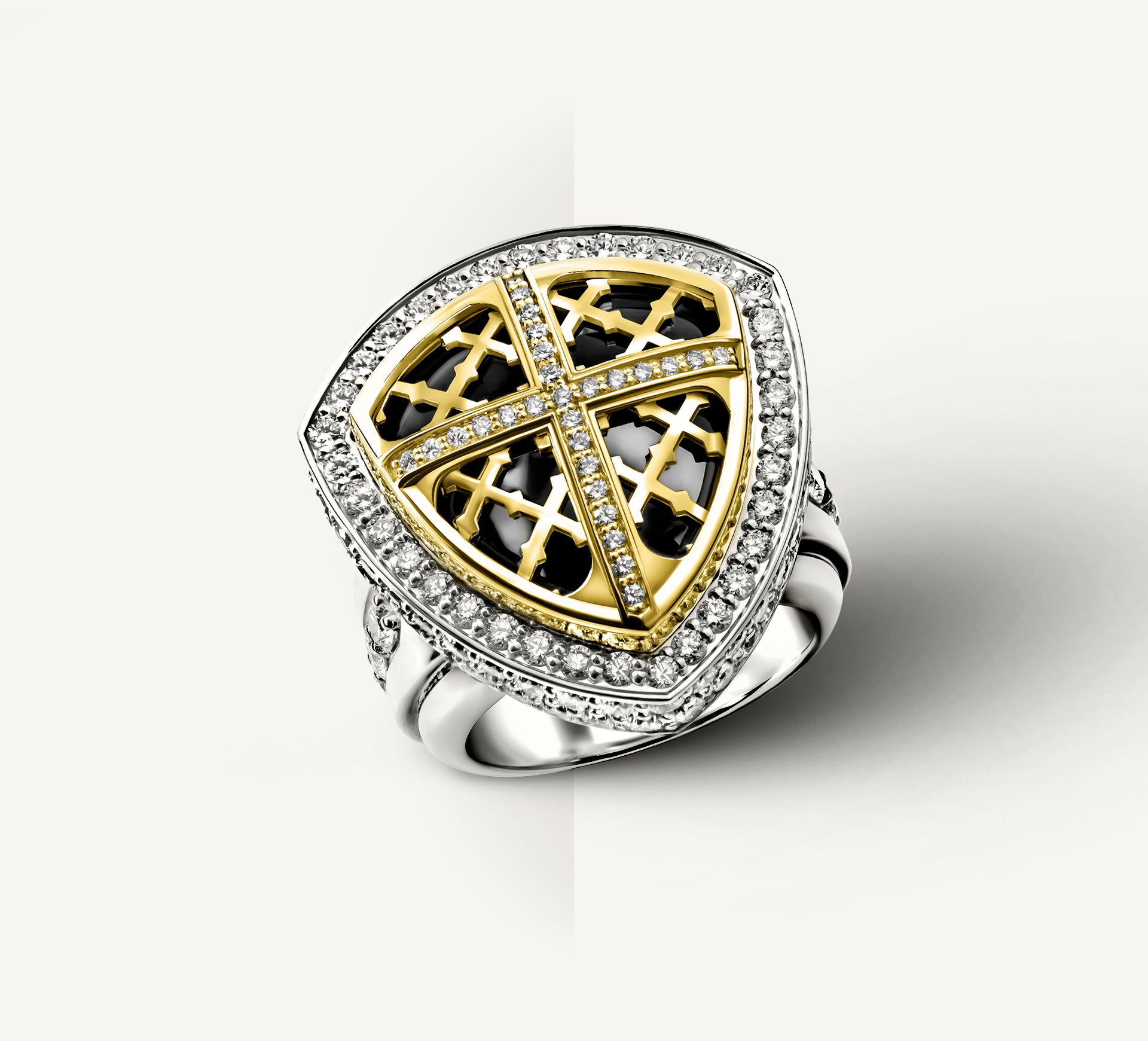 REGAL Cross & Shield Signet Ring<br>w/14K Gold Cross & Shield<br>Black Onyx / Pavé-Set Diamonds