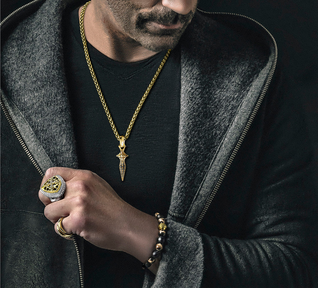 REGAL Cross & Shield Signet Ring<br>w/14K Gold Cross & Shield<br>Black Onyx / Pavé-Set Diamonds