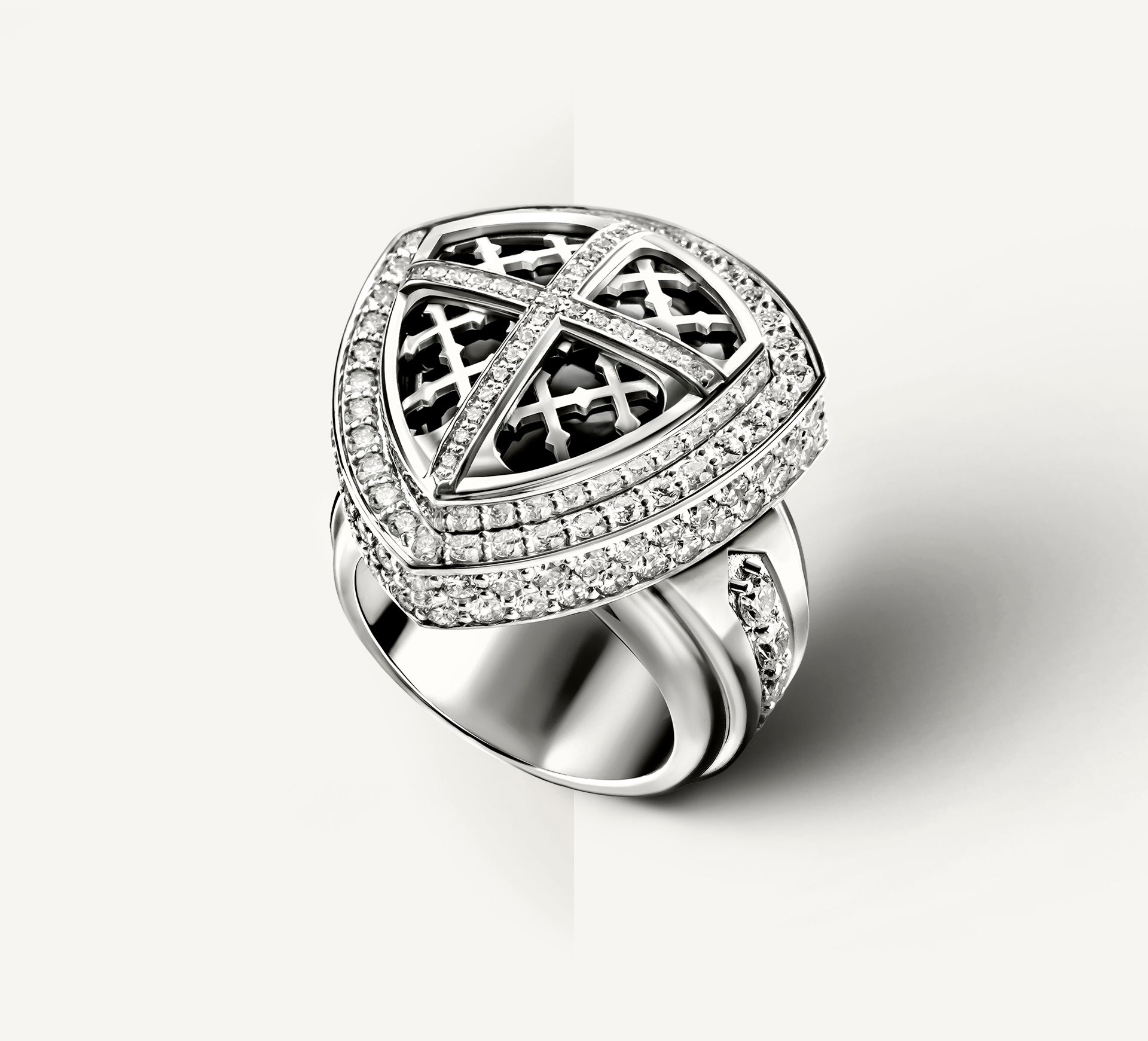 REGAL Cross & Shield Signet Ring<br>in Sterling Silver<br>Black Onyx / Pavé-Set Diamonds