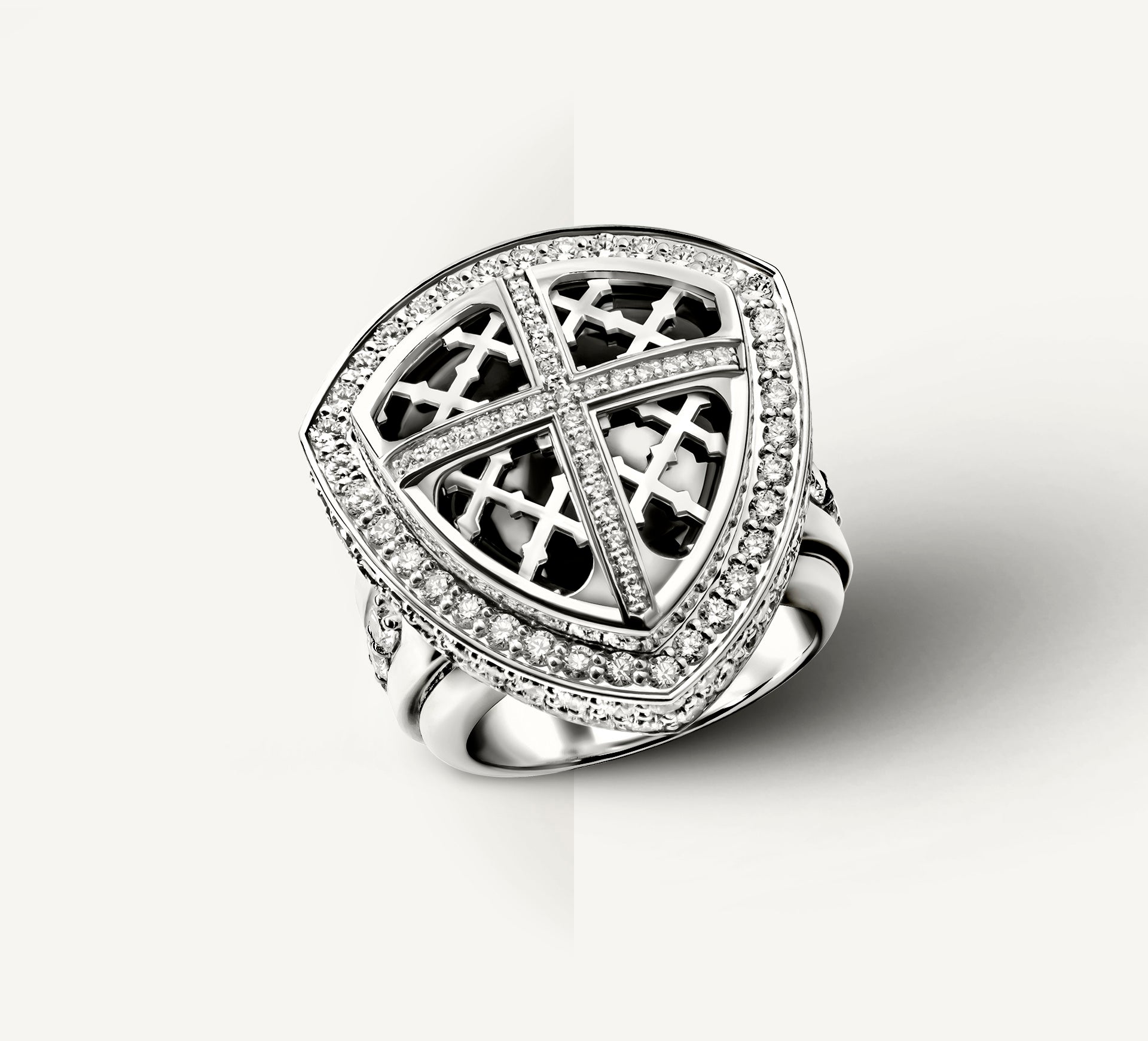 REGAL Cross & Shield Signet Ring<br>in Sterling Silver<br>Black Onyx / Pavé-Set Diamonds