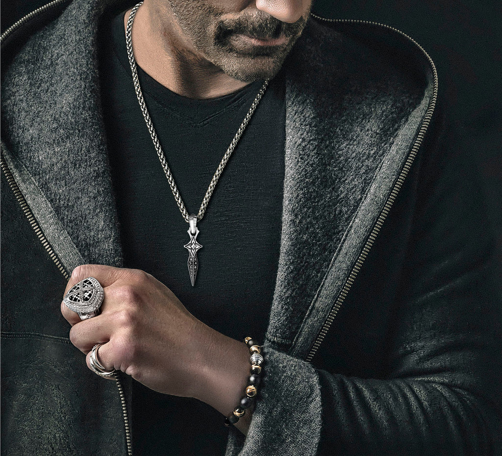 REGAL Cross & Shield Signet Ring<br>in Sterling Silver<br>Black Onyx / Pavé-Set Diamonds