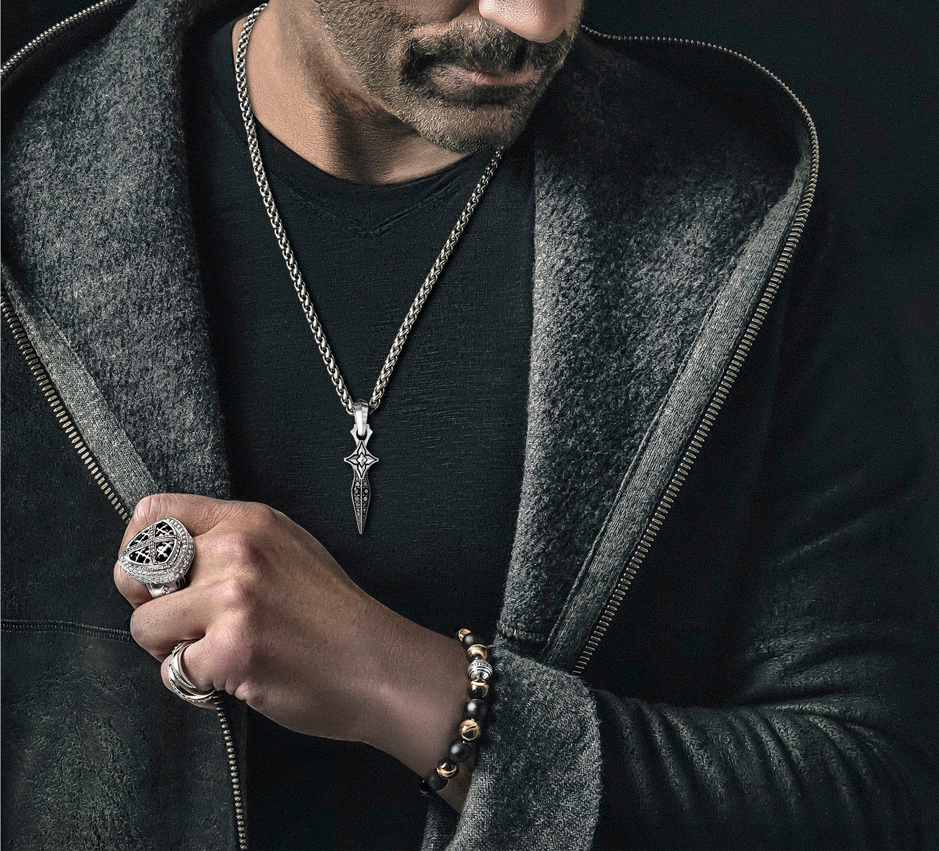 REGAL Cross & Shield Signet Ring<br>in Sterling Silver<br>Black Onyx / Pavé-Set Diamonds