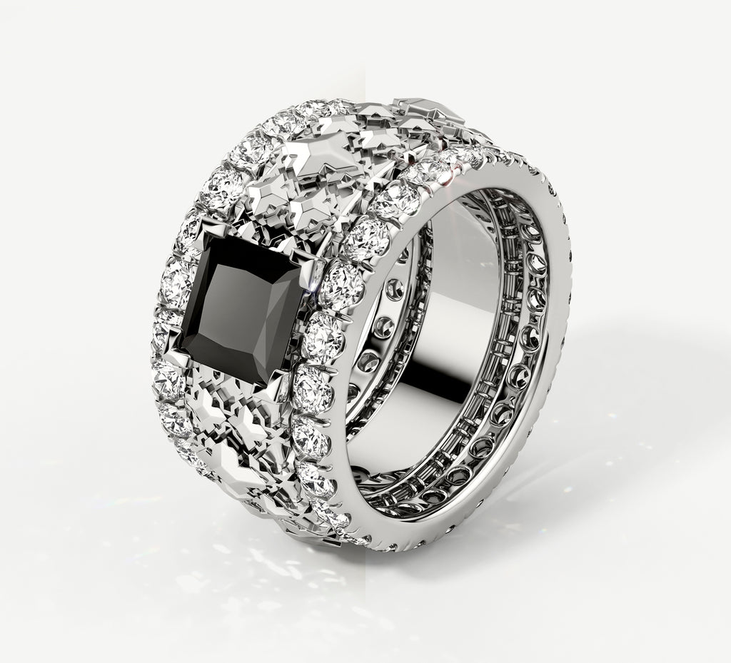 Elite Stacker Band Rings<br>Sterling Silver w/ Pavé Diamonds<br>Black Onyx Center Stone