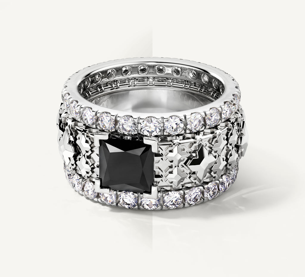 Elite Stacker Band Rings<br>Sterling Silver w/ Pavé Diamonds<br>Black Onyx Center Stone