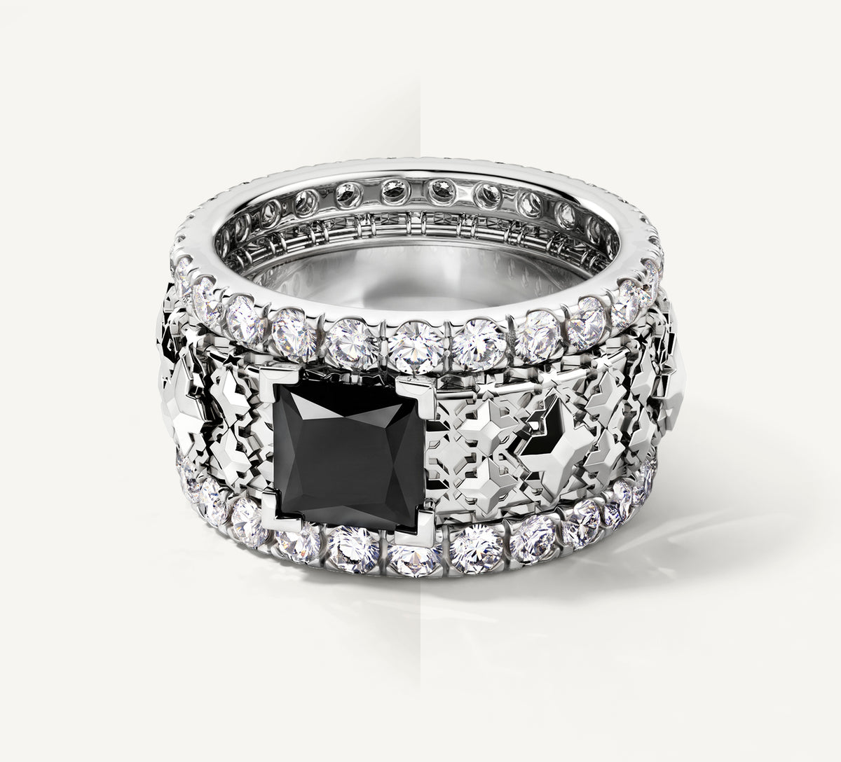 Elite Stacker Band Rings<br>Sterling Silver w/ Pavé Diamonds<br>Black Onyx Center Stone
