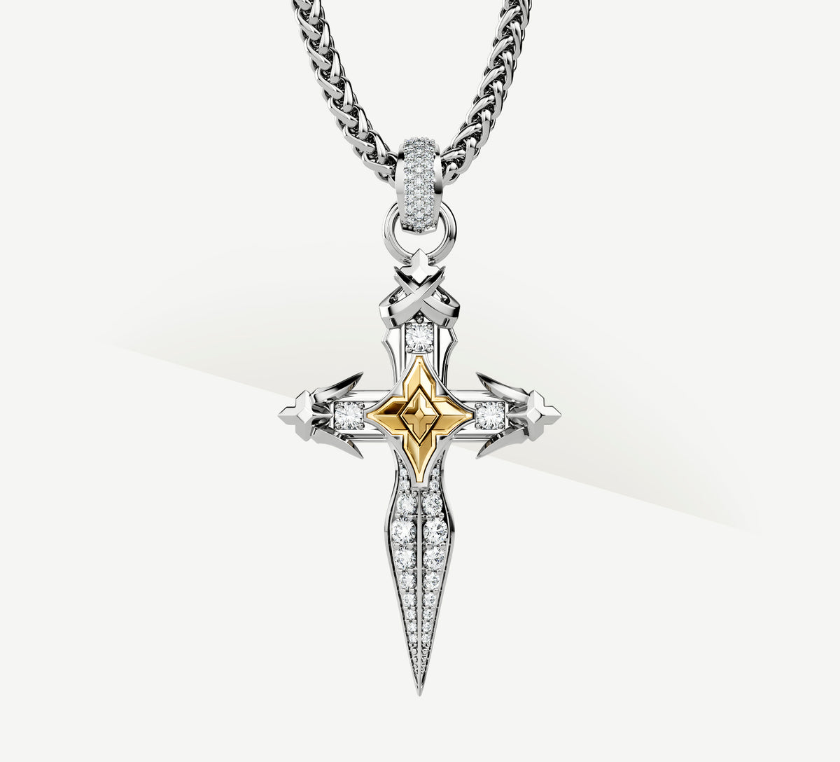 Dagger Cross<br>Sterling Silver / 14K Gold Accent<br>w/White Pavé Diamonds