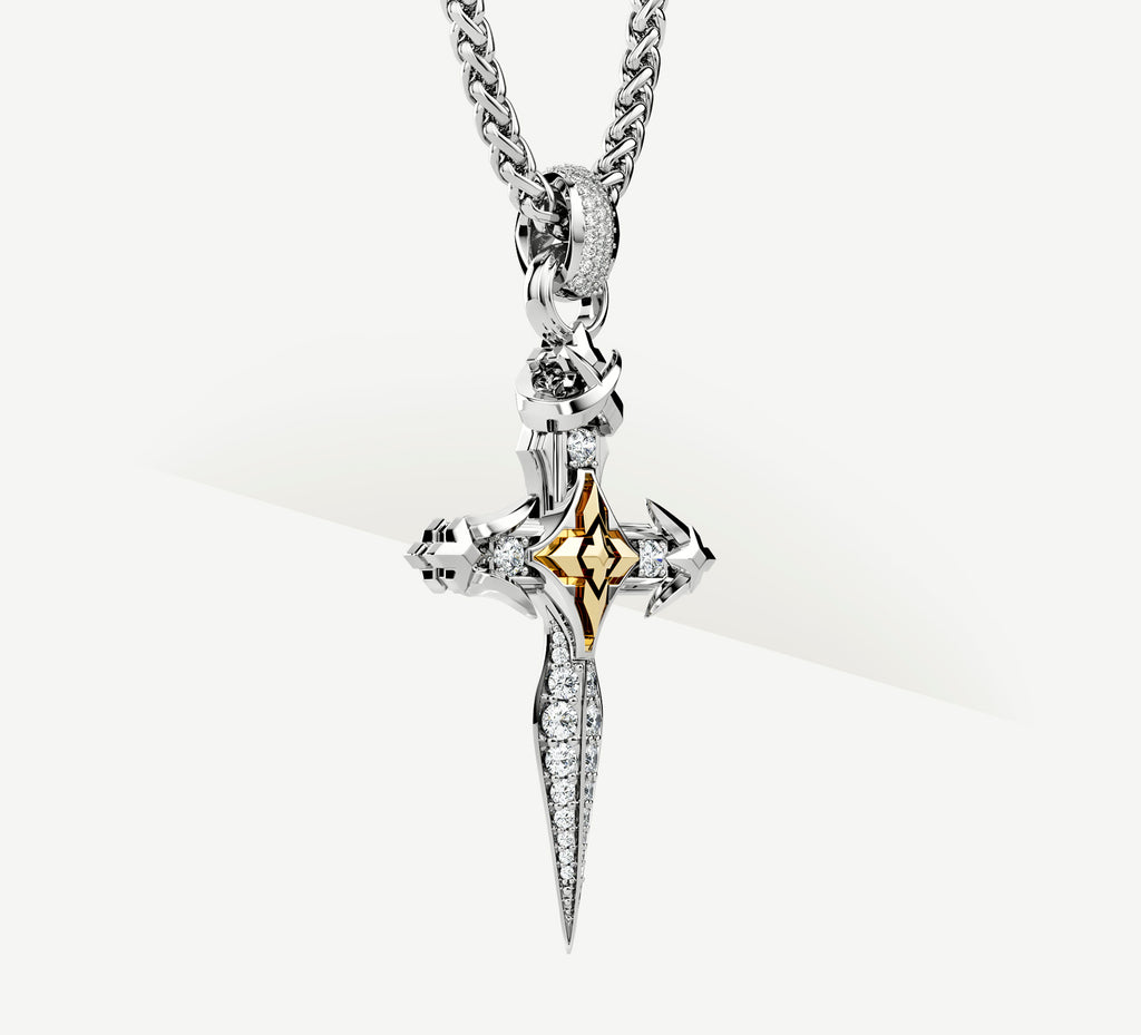 Dagger Cross<br>Sterling Silver / 14K Gold Accent<br>w/White Pavé Diamonds
