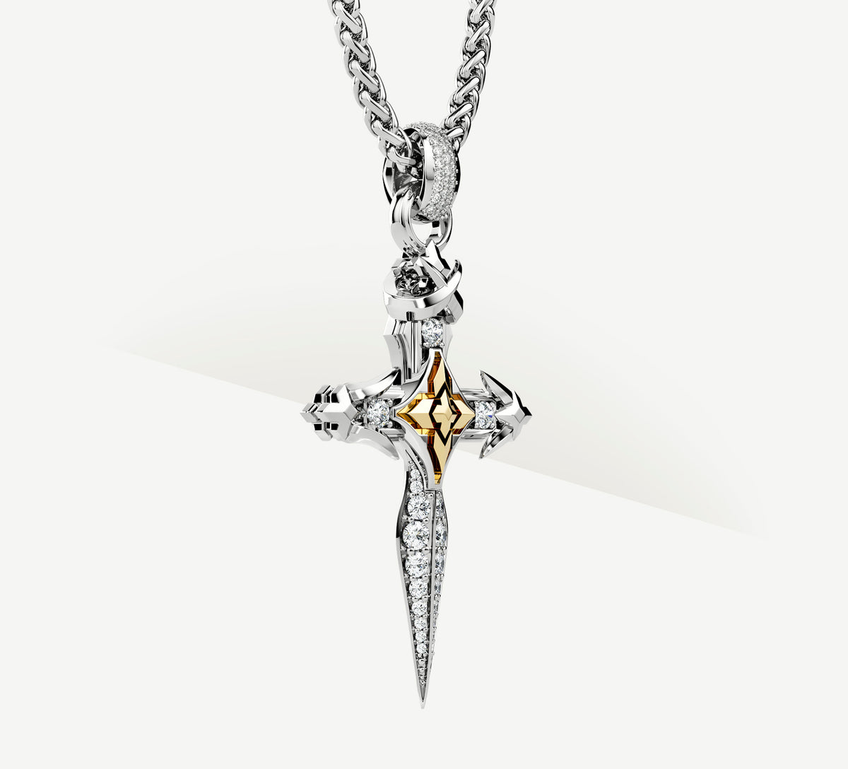 Dagger Cross<br>Sterling Silver / 14K Gold Accent<br>w/White Pavé Diamonds