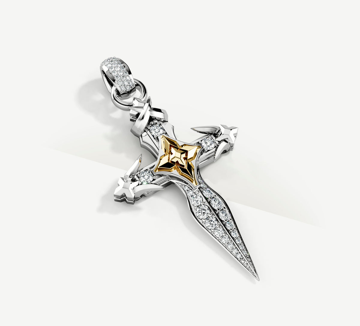 Dagger Cross<br>Sterling Silver / 14K Gold Accent<br>w/White Pavé Diamonds