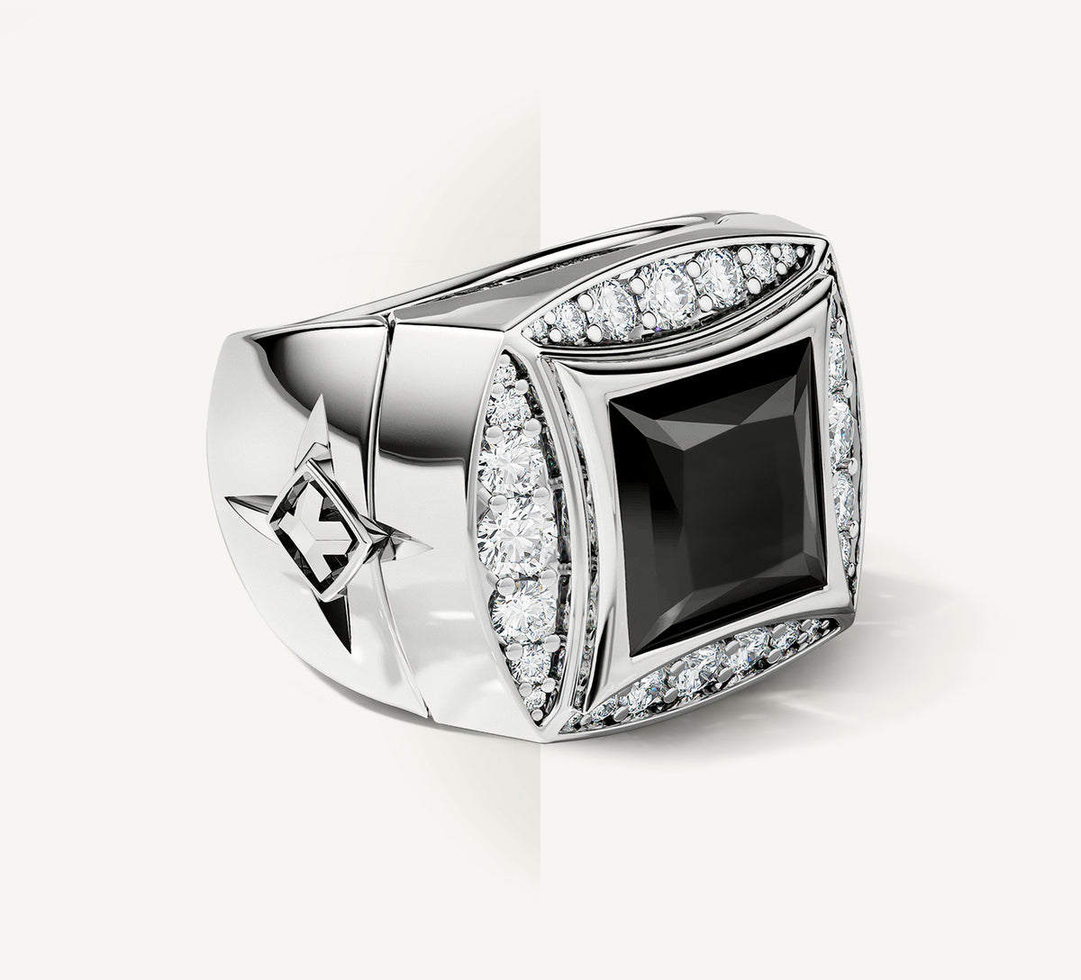 Tuxedo Signet Ring<br>in Sterling Silver w/ Pavé Diamonds