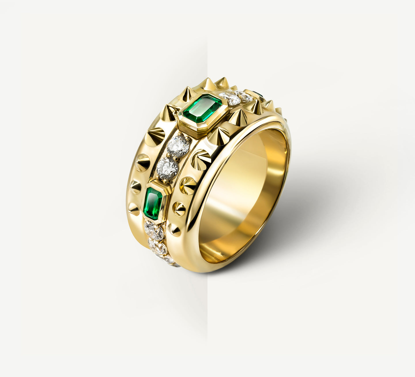 Spiked Rebel Ring / 14K Gold<br>w/Diamonds & Emeralds