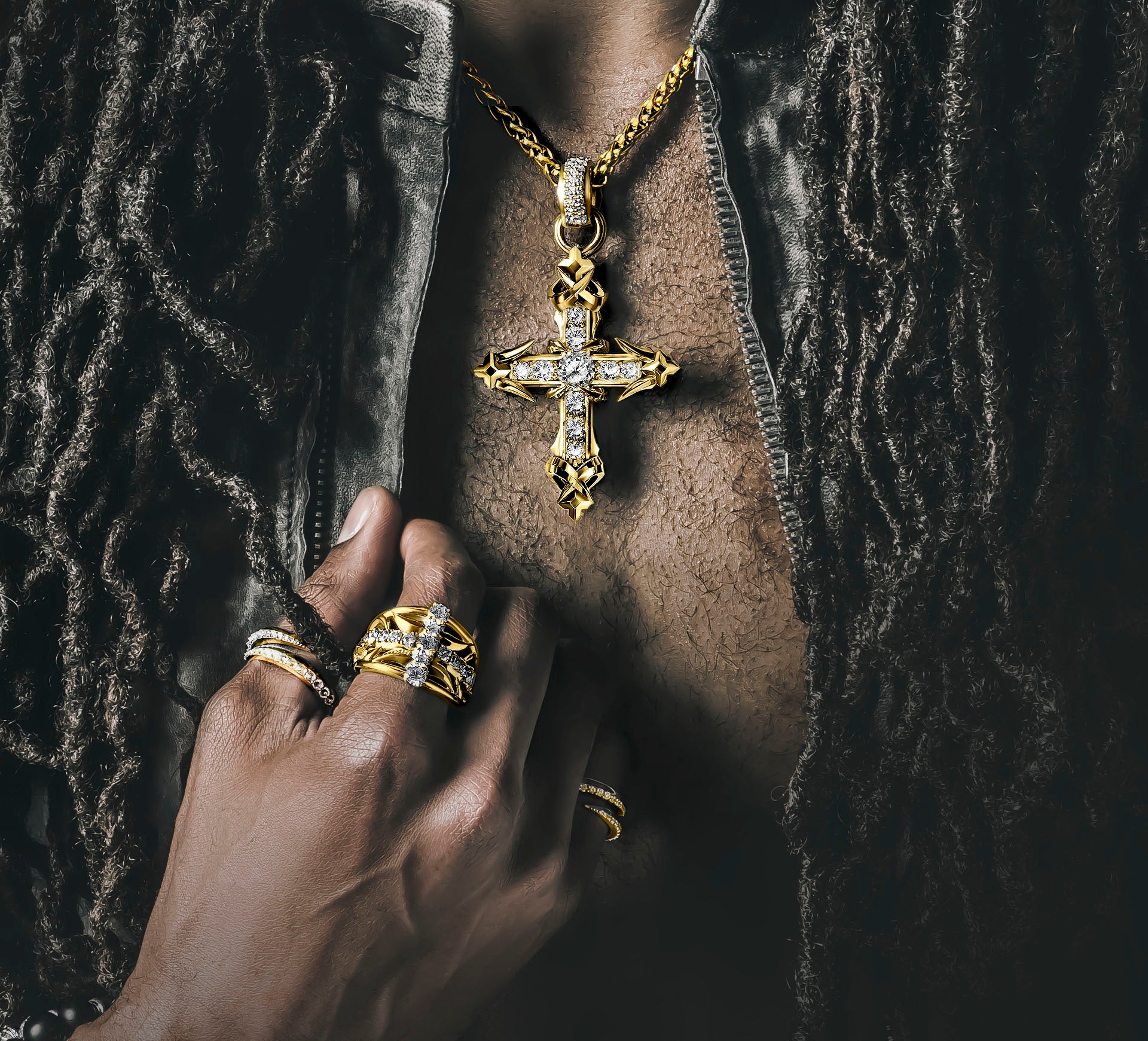 Crossfire Ring / 14K Gold<br>w/Diamond Cross