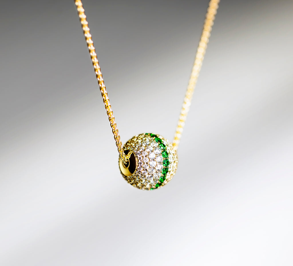 Radiant Gold Sphere Necklace<br>w/White Pavé Diamonds<br>& Emerald Accent