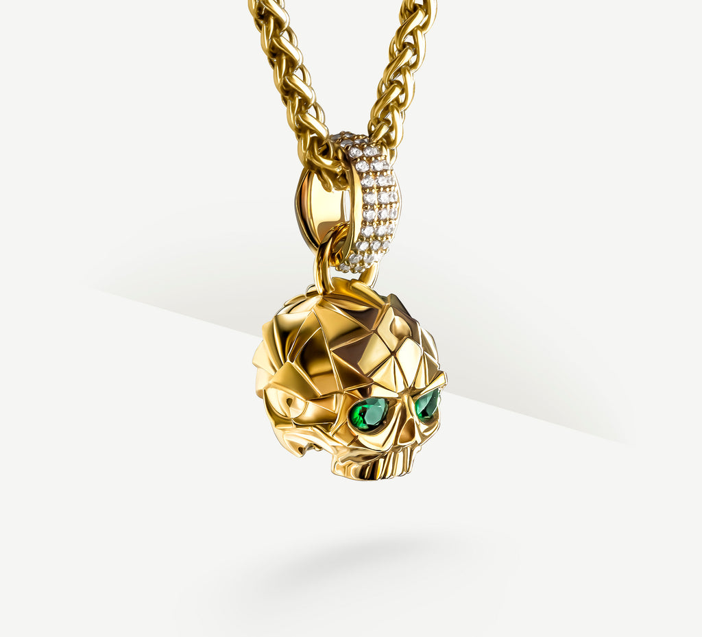 Deco Skull / 14K Gold<br>Pavé Diamonds / Emerald Eyes