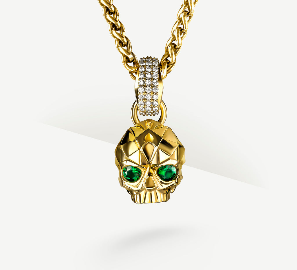 Deco Skull / 14K Gold<br>Pavé Diamonds / Emerald Eyes