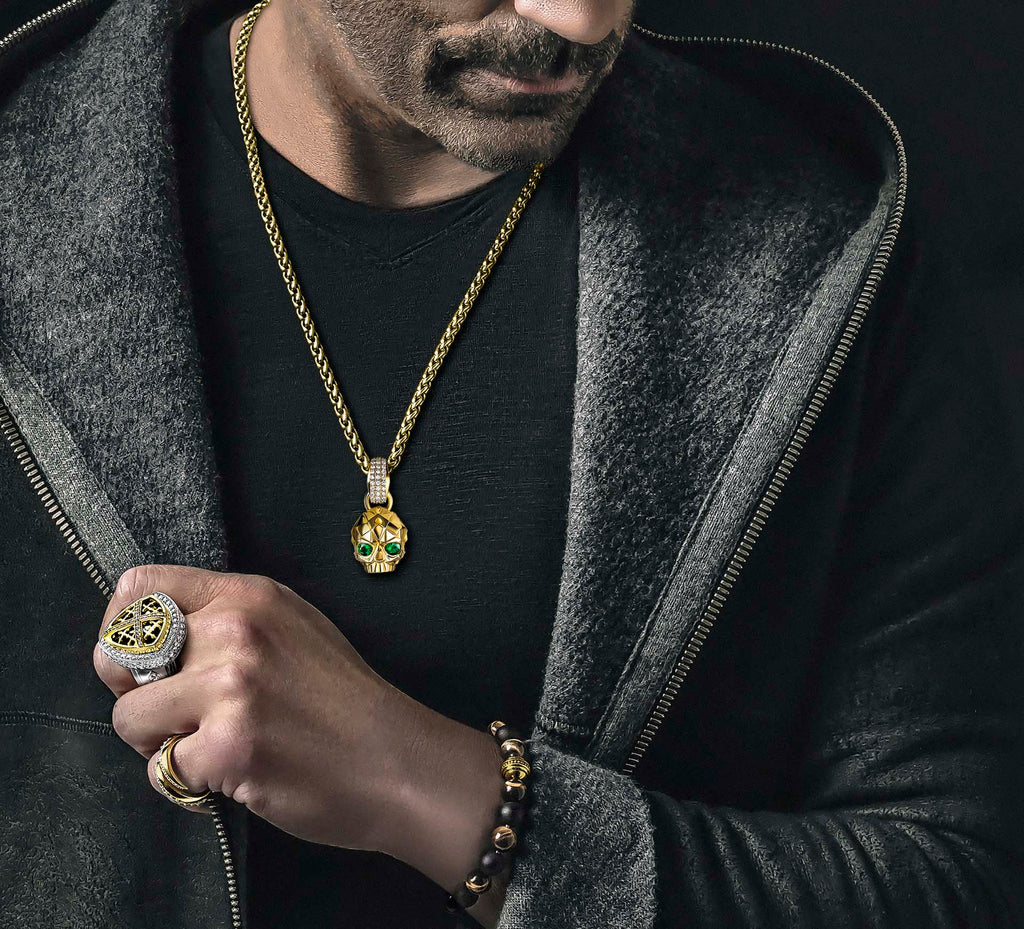 Deco Skull / 14K Gold<br>Pavé Diamonds / Emerald Eyes