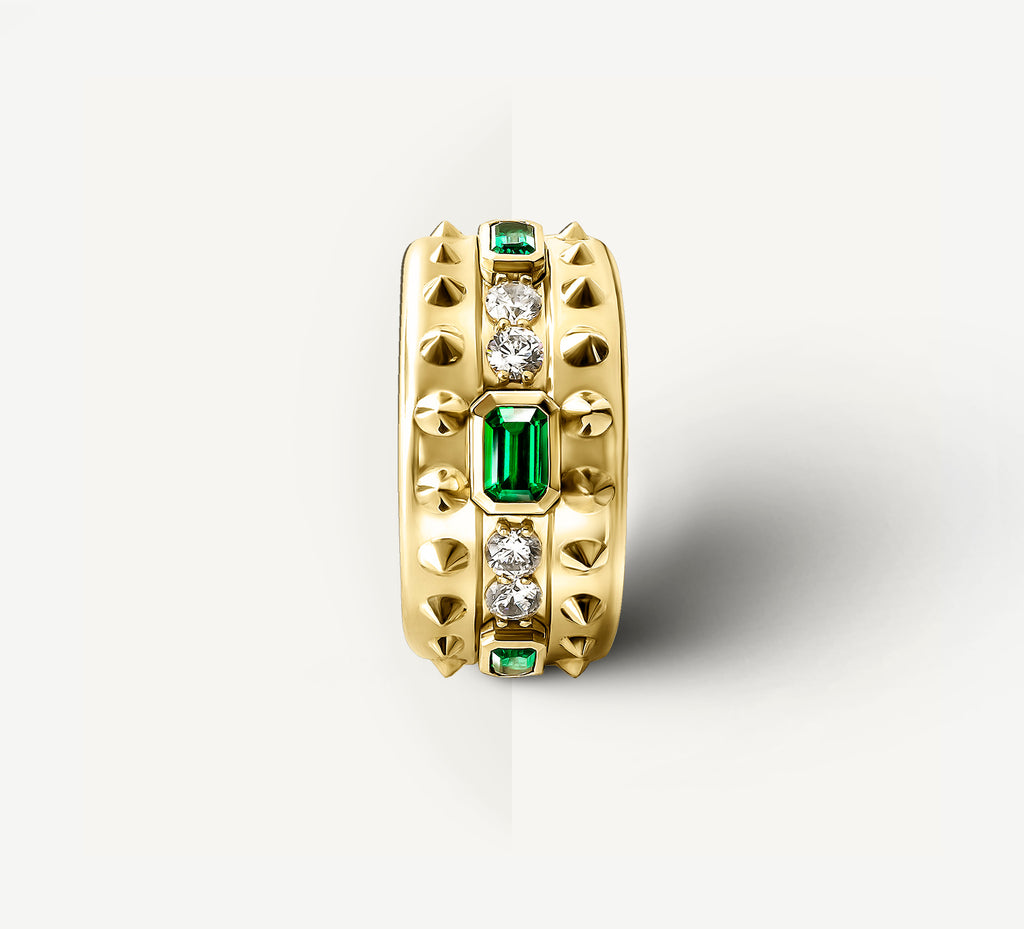 Spiked Rebel Ring / 14K Gold<br>w/Diamonds & Emeralds