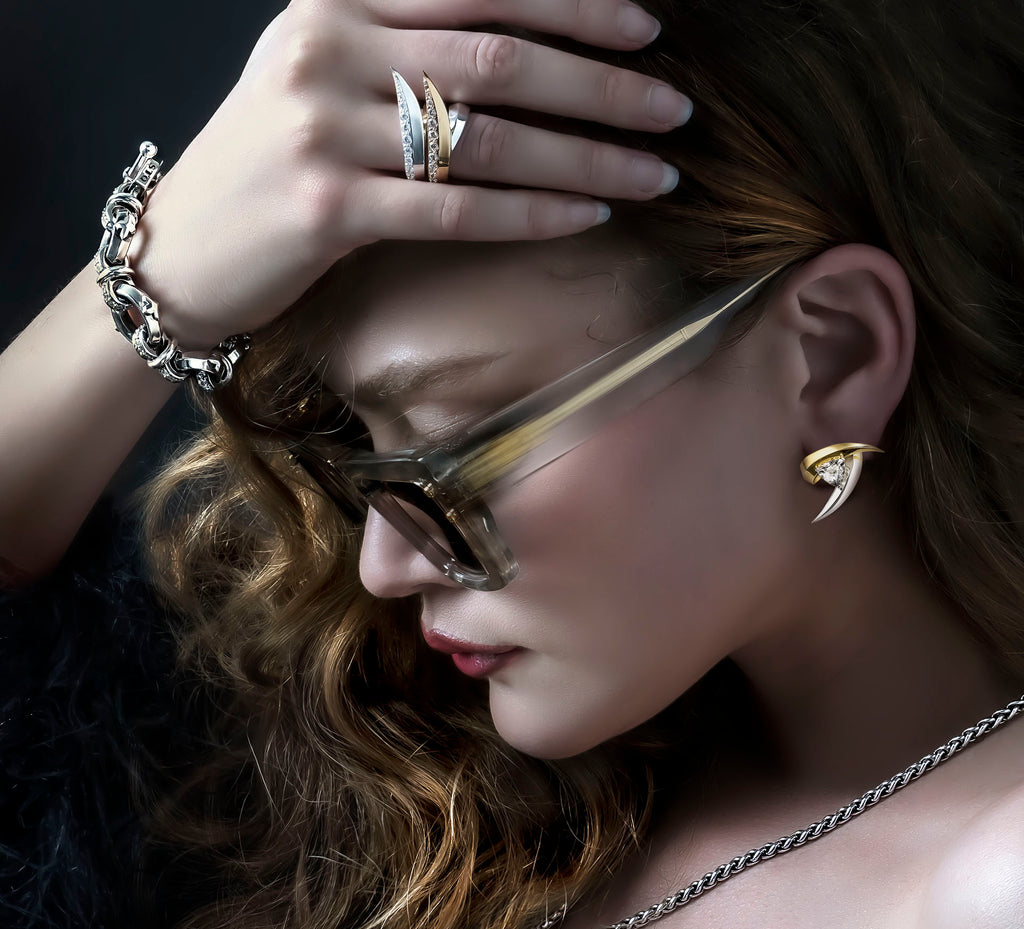 Talon Earrings<br>w/Trillion-Cut Diamonds<br>14k Gold & Sterling Silver Mix